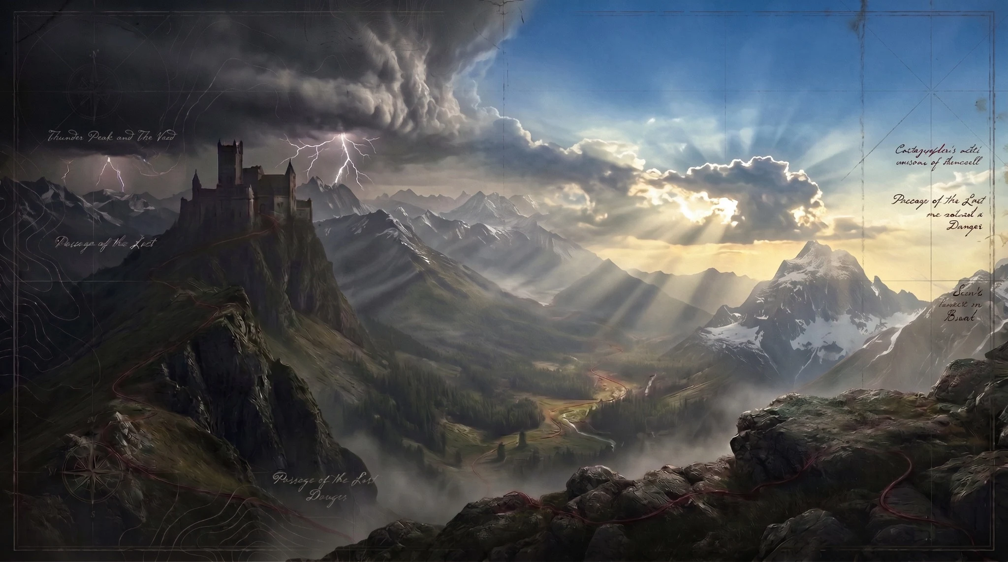 A storm-dark mountain valley opening into sunlight along a red-thread road